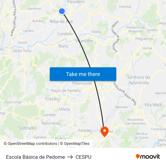 Escola Básica de Pedome to CESPU map