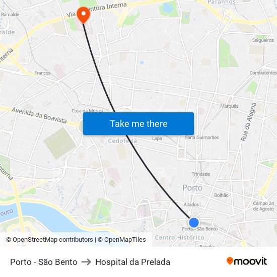 Porto - São Bento to Hospital da Prelada map