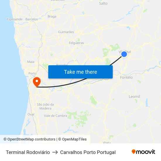 Terminal Rodoviário to Carvalhos Porto Portugal map