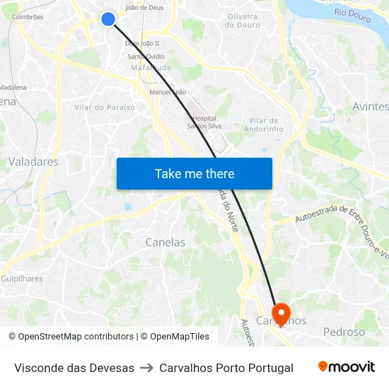 Visconde das Devesas to Carvalhos Porto Portugal map