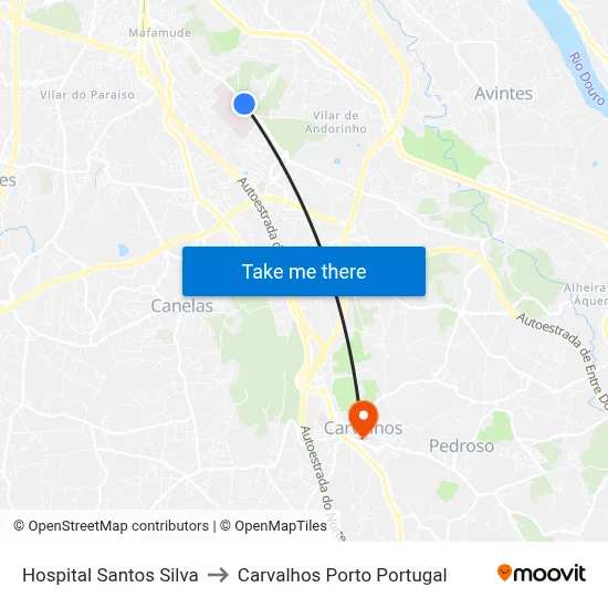 Hospital Santos Silva to Carvalhos Porto Portugal map