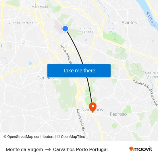 Monte da Virgem to Carvalhos Porto Portugal map