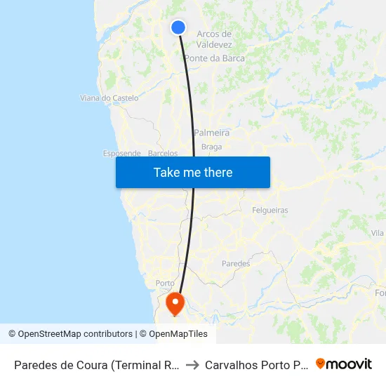 Paredes de Coura (Terminal Rodoviário) to Carvalhos Porto Portugal map