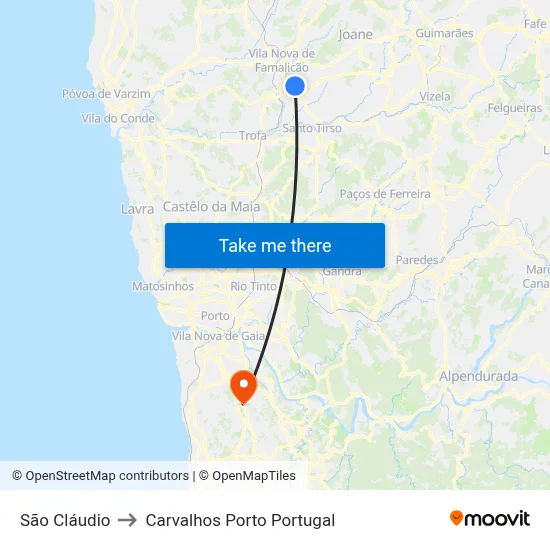 São Cláudio to Carvalhos Porto Portugal map
