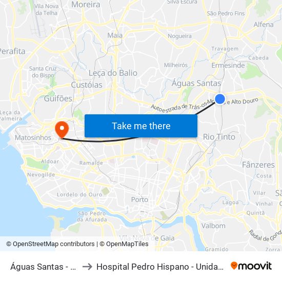 Águas Santas - Palmilheira to Hospital Pedro Hispano - Unidade de Neonatologia map