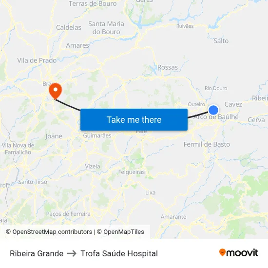 Ribeira Grande to Trofa Saúde Hospital map
