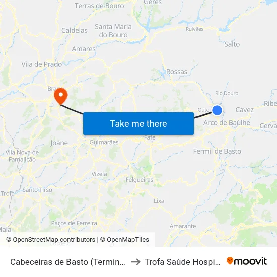Cabeceiras de Basto (Terminal) to Trofa Saúde Hospital map