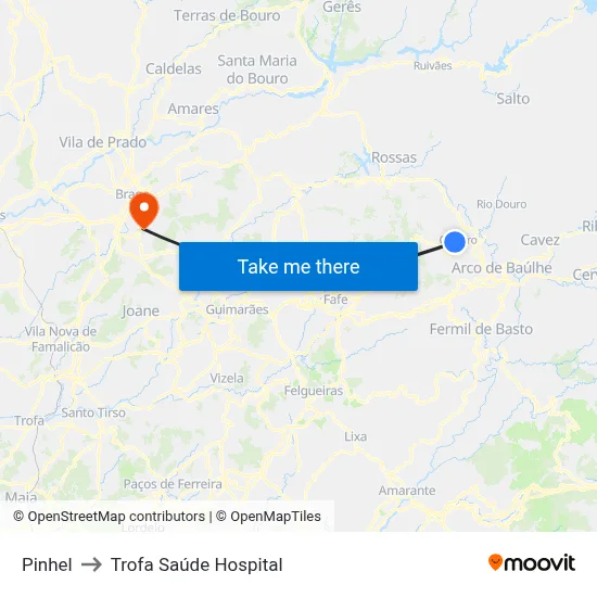 Pinhel to Trofa Saúde Hospital map