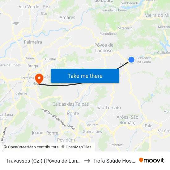 Travassos (Cz.) (Póvoa de Lanhoso) to Trofa Saúde Hospital map