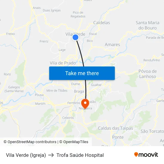 Vila Verde (Igreja) to Trofa Saúde Hospital map