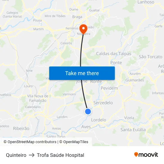 Quinteiro to Trofa Saúde Hospital map