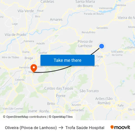 Oliveira (Póvoa de Lanhoso) to Trofa Saúde Hospital map
