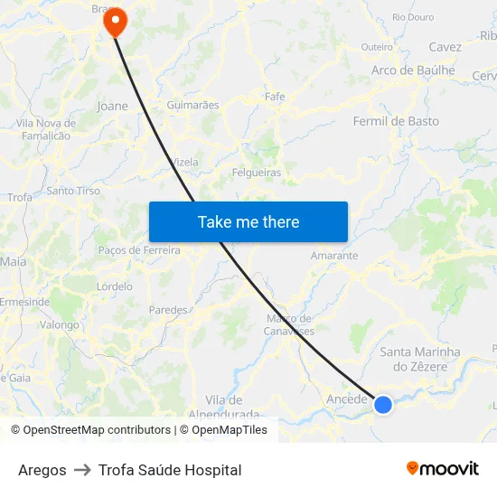 Aregos to Trofa Saúde Hospital map