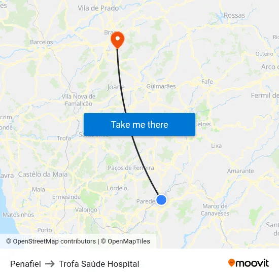 Penafiel to Trofa Saúde Hospital map