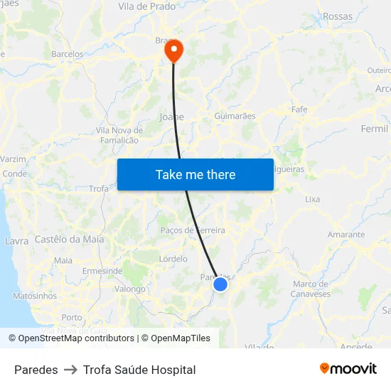 Paredes to Trofa Saúde Hospital map