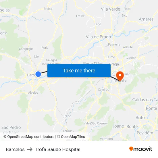 Barcelos to Trofa Saúde Hospital map