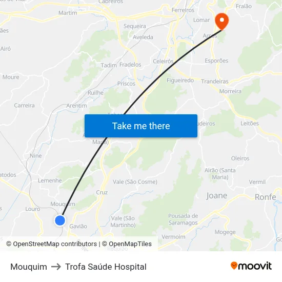 Mouquim to Trofa Saúde Hospital map