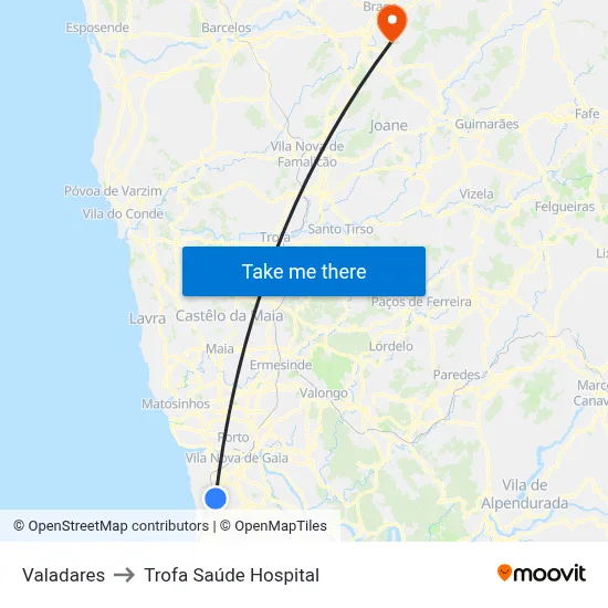 Valadares to Trofa Saúde Hospital map