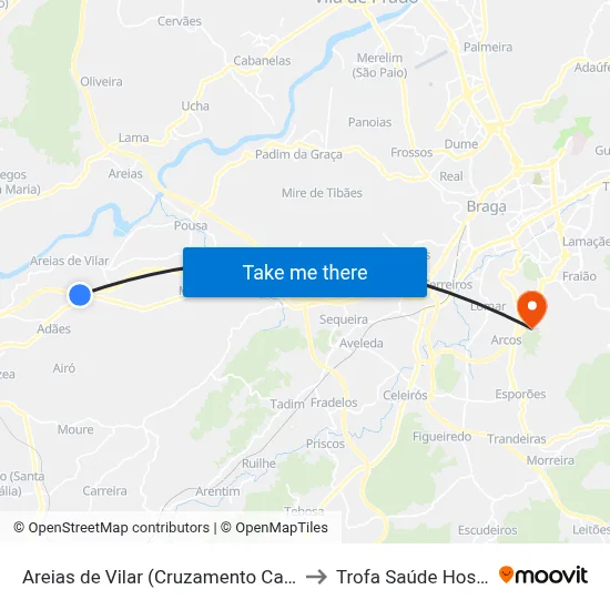 Areias de Vilar (Cruzamento Caslopo) to Trofa Saúde Hospital map