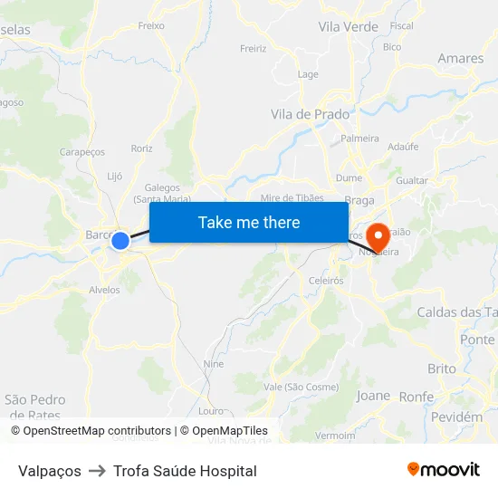 Valpaços to Trofa Saúde Hospital map