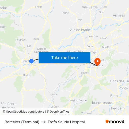 Barcelos (Terminal) to Trofa Saúde Hospital map