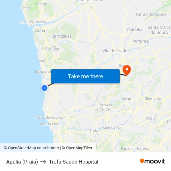 Apúlia (Praia) to Trofa Saúde Hospital map