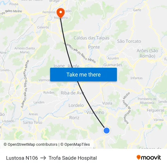 Lustosa N106 to Trofa Saúde Hospital map