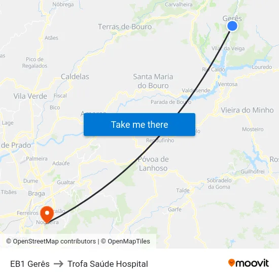EB1 Gerês to Trofa Saúde Hospital map