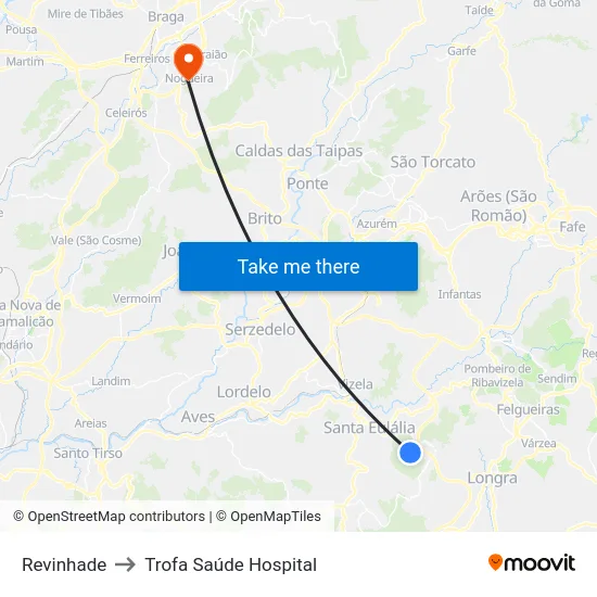 Revinhade to Trofa Saúde Hospital map