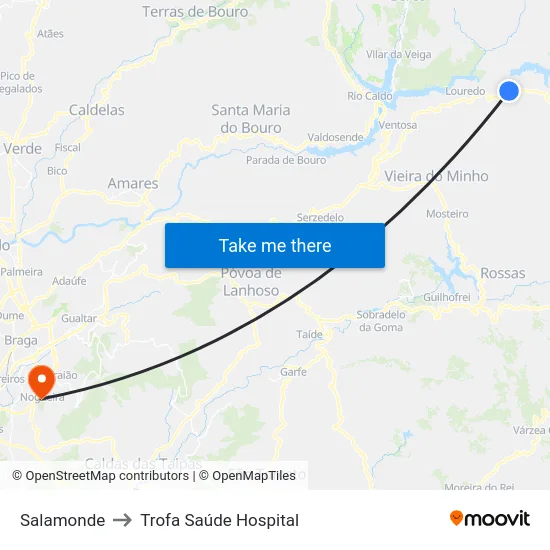 Salamonde to Trofa Saúde Hospital map