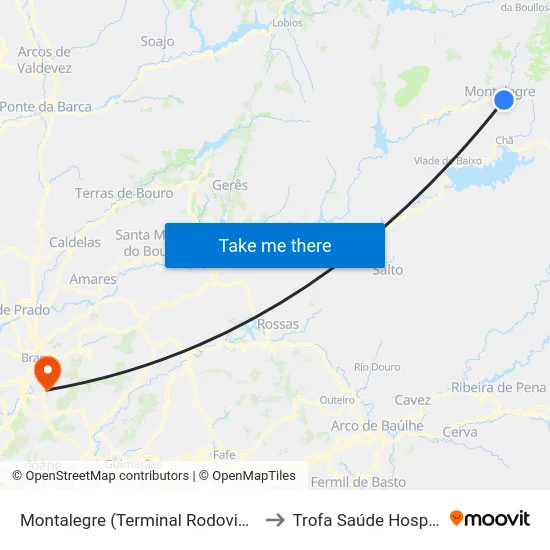 Montalegre (Terminal Rodoviário) to Trofa Saúde Hospital map