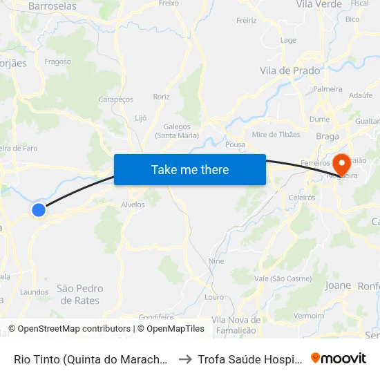 Rio Tinto (Quinta do Marachão) to Trofa Saúde Hospital map