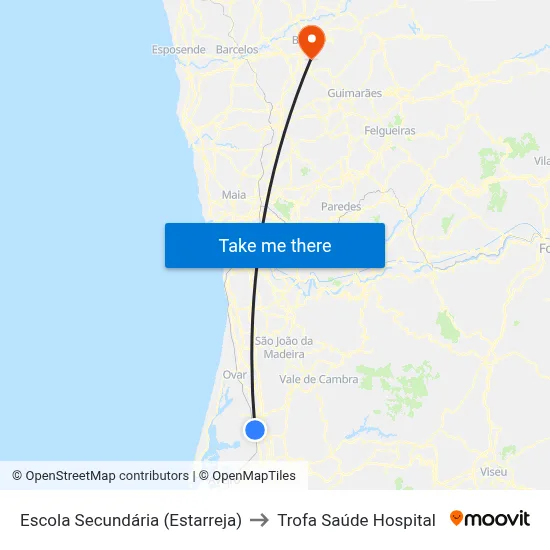 Escola Secundária (Estarreja) to Trofa Saúde Hospital map