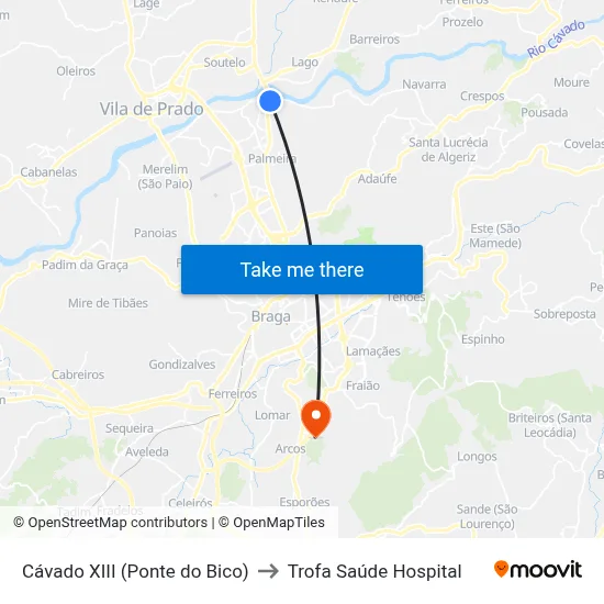 Cávado XIII (Ponte do Bico) to Trofa Saúde Hospital map