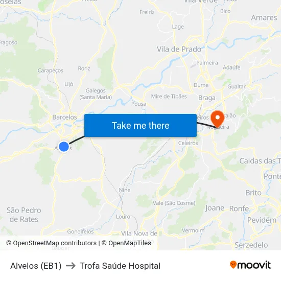 Alvelos (EB1) to Trofa Saúde Hospital map