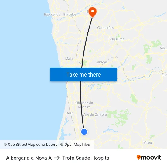 Albergaria-a-Nova A to Trofa Saúde Hospital map
