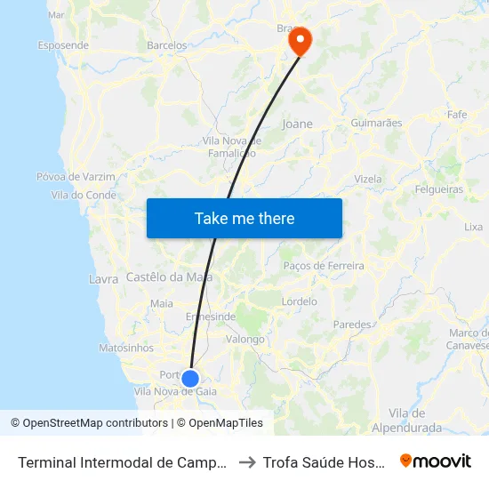 Terminal Intermodal de Campanhã to Trofa Saúde Hospital map