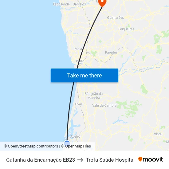 Gafanha da Encarnação EB23 to Trofa Saúde Hospital map