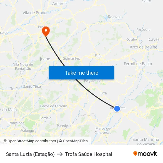 Santa Luzia (Estação) to Trofa Saúde Hospital map