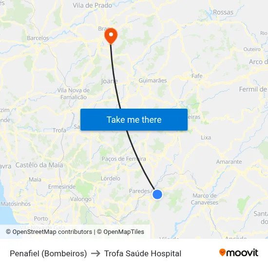 Penafiel (Bombeiros) to Trofa Saúde Hospital map