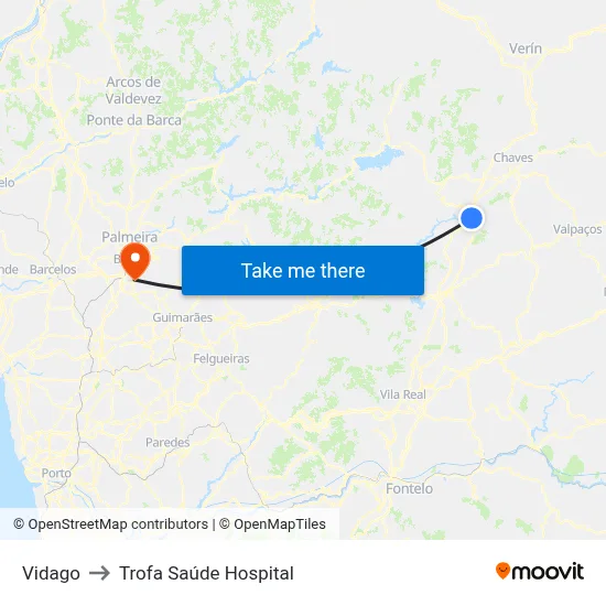 Vidago to Trofa Saúde Hospital map
