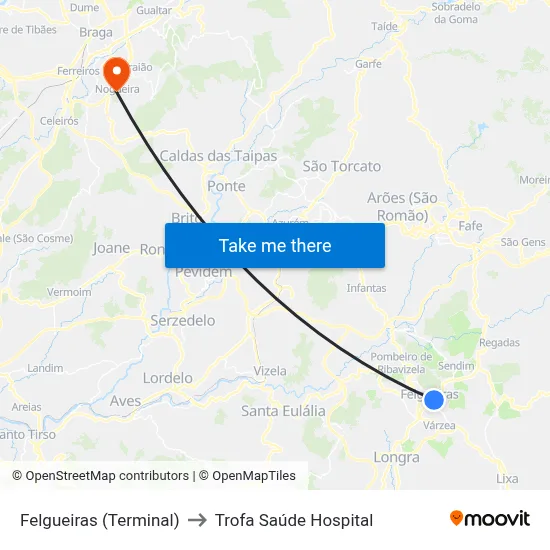 Felgueiras (Terminal) to Trofa Saúde Hospital map