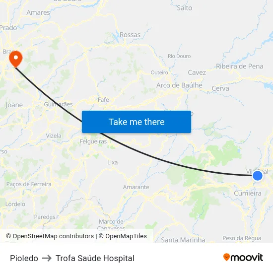 Pioledo to Trofa Saúde Hospital map