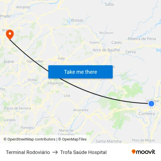 Terminal Rodoviário to Trofa Saúde Hospital map
