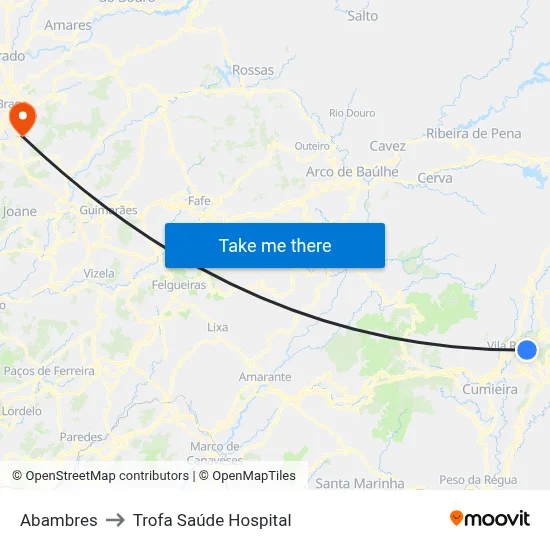 Abambres to Trofa Saúde Hospital map