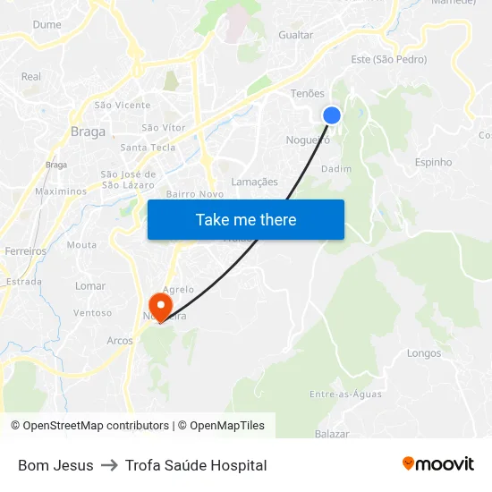 Bom Jesus to Trofa Saúde Hospital map