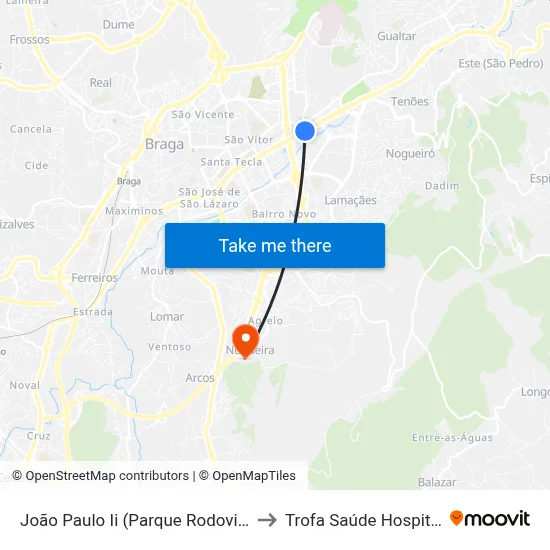João Paulo Ii (Parque Rodovia) to Trofa Saúde Hospital map