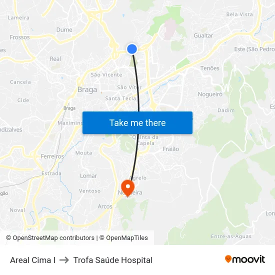 Areal Cima I to Trofa Saúde Hospital map