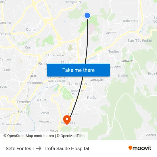 Sete Fontes I to Trofa Saúde Hospital map