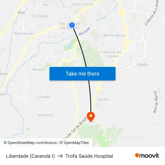 Liberdade (Carandá I) to Trofa Saúde Hospital map